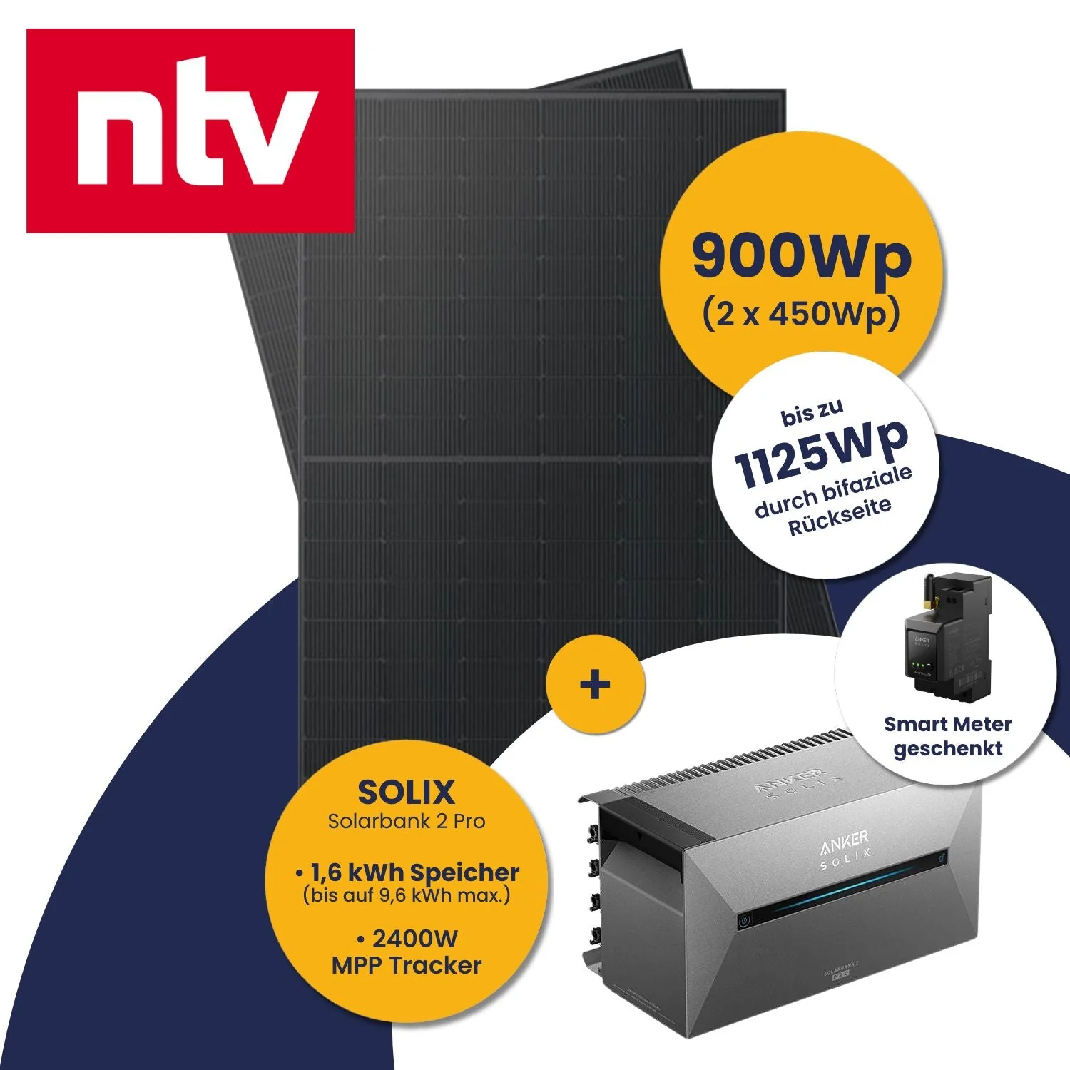 N-TV Deal: Anker Solarbank 2 E1600 Pro und Kleines Kraftwerk 900Wp Duo mit optionaler Halterung