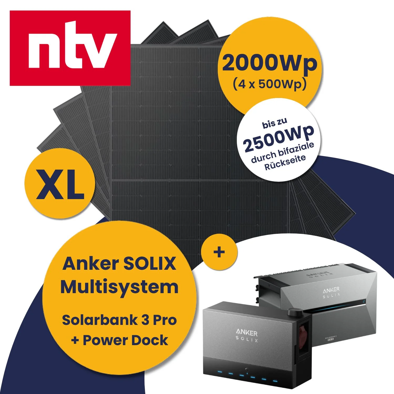 N-TV Deal: Anker Solarbank 3 E2700 Pro mit Power Dock Multisystem und Kleines Kraftwerk XL (2000Wp-4000Wp) mit optionaler Halterung