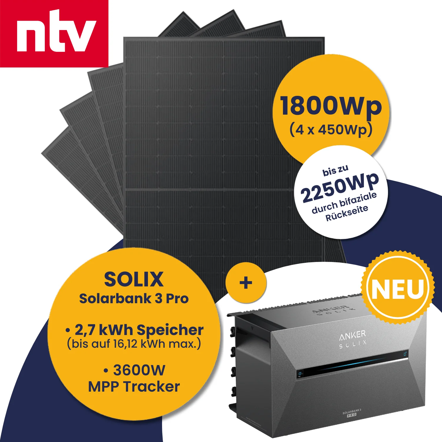 N-TV Deal: Kleines Kraftwerk 1800Wp Quattro mit optionaler Halterung und Anker Solarbank 3 E2700 Pro
